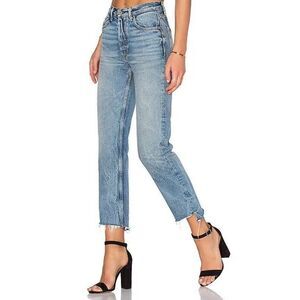 Grlfrnd Jeans Women's 26 Blue Denim Helena 100% Cotton Frayed Straight Mid-Rise